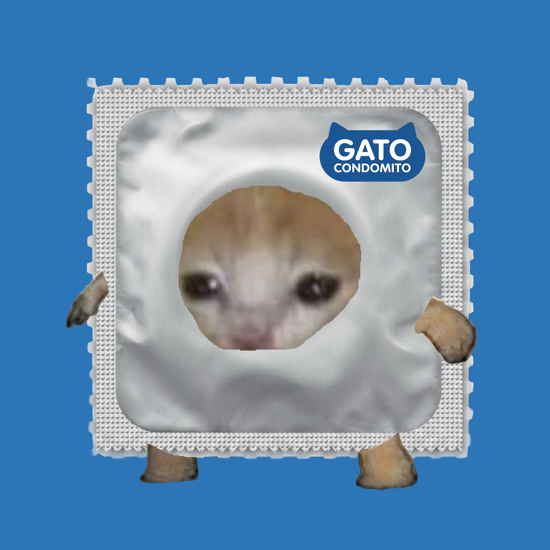 Gato Condomito mascot on a blue background