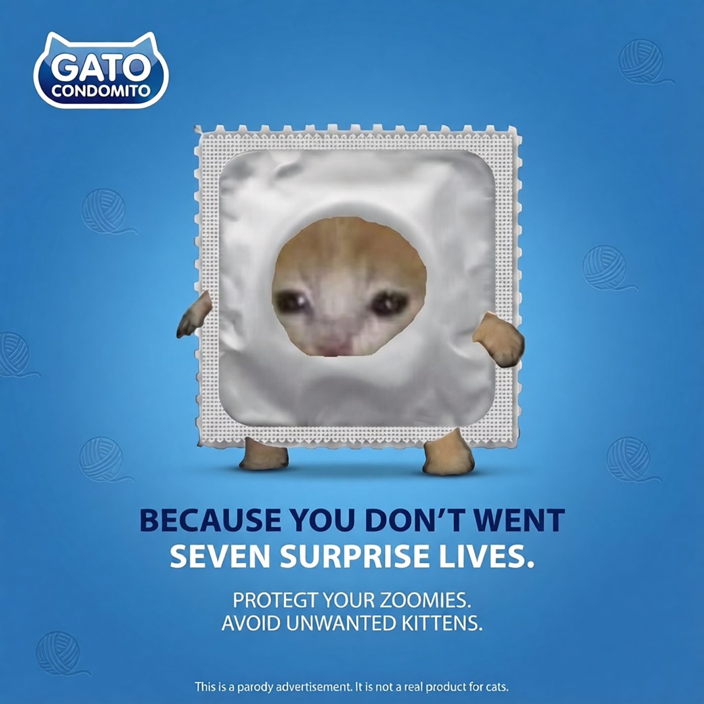 Parody advert: Gato Condomito with the slogan 'Because you don't went seven surprise lives'