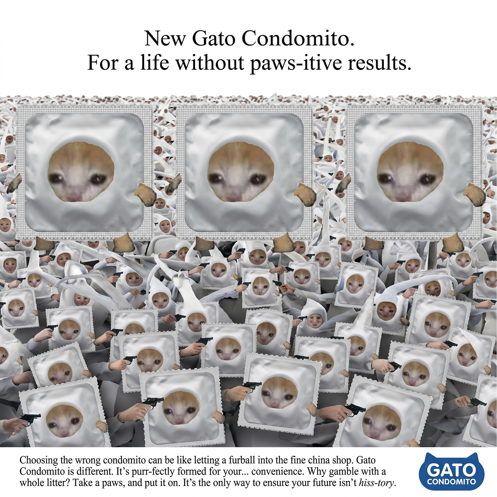 A chaotic crowd of Gato Condomito characters holding tiny guns under the slogan 'For a life without paws-itive results'