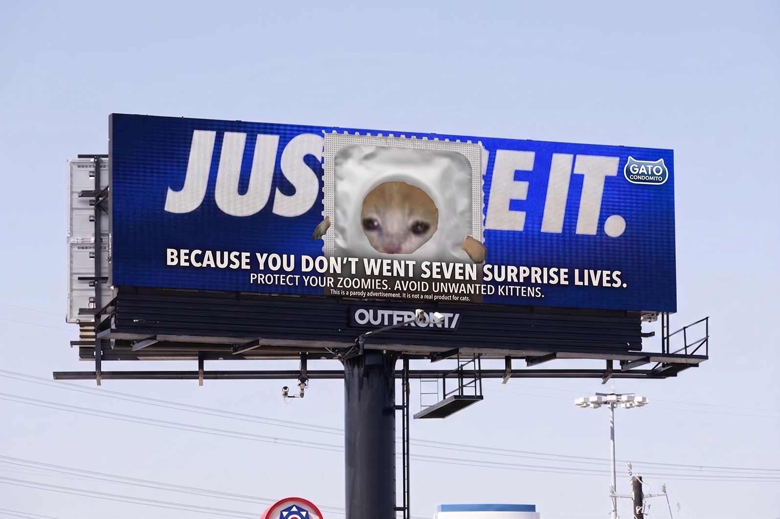 Billboard parody of the 'Just Do It' slogan featuring Gato Condomito